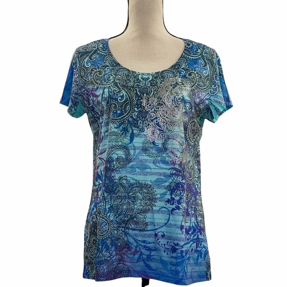 APPROPRIATE Behavior Multi-tone Blue Striped Paisley Print Short Sleeve Blouse - Picture 1 of 10